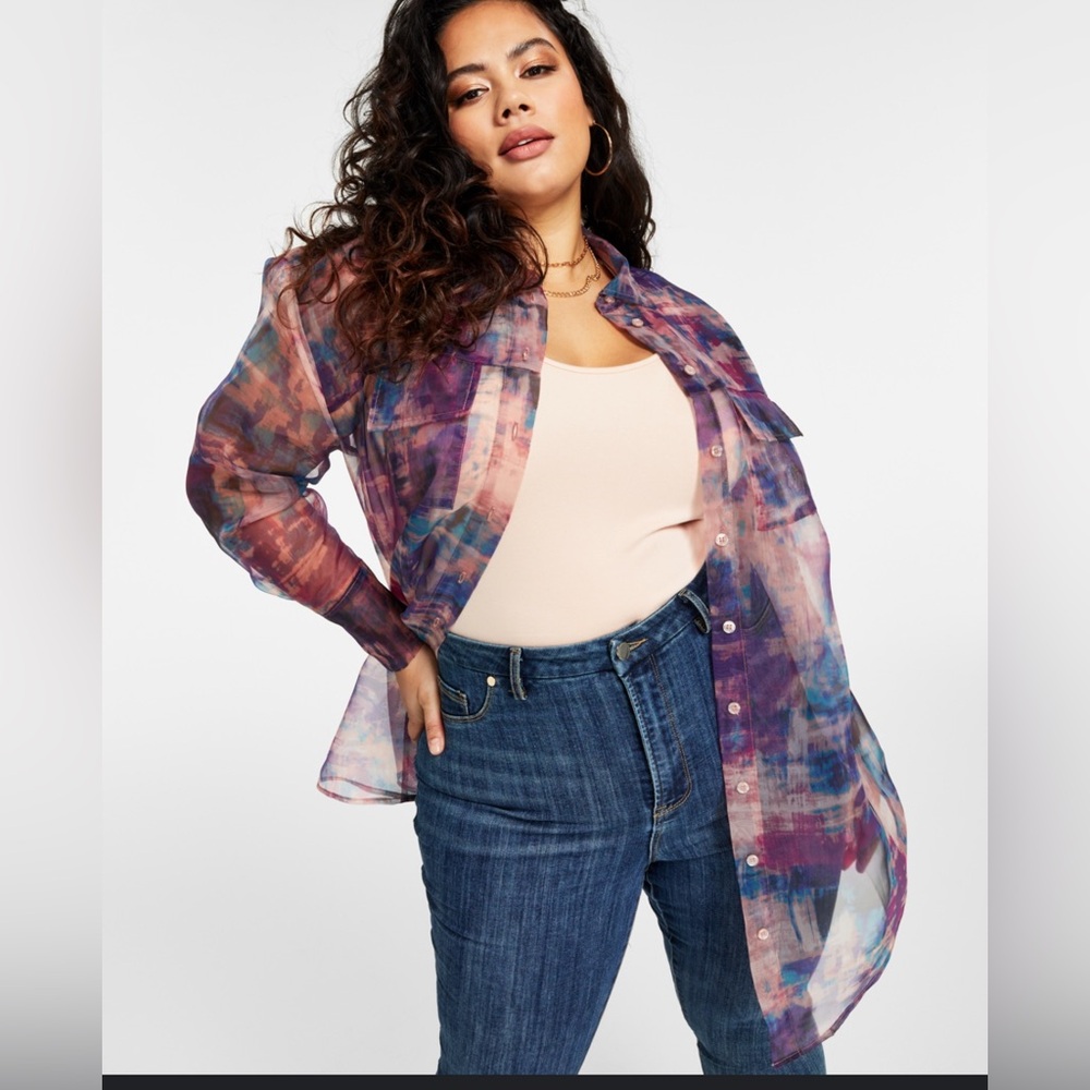 NWT Nina Parker Trendy Plus Size Organza Oversized  button down Shirt 2X